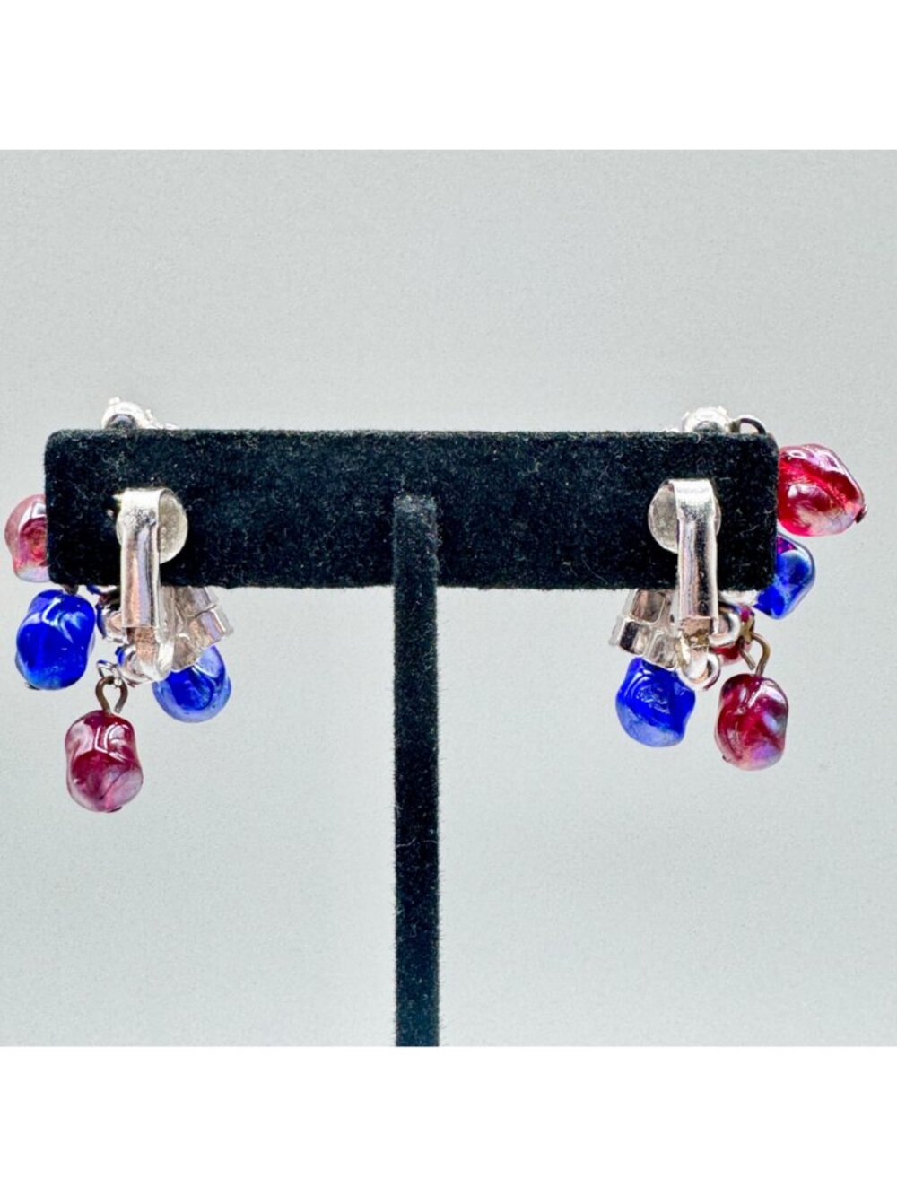 Vintage Glass Cha Cha Bead Earrings Clip On AB Glass Rhinestone Prong Set 1.5" - Picture 6 of 9